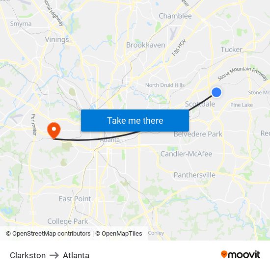 Clarkston to Atlanta map