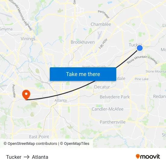 Tucker to Atlanta map