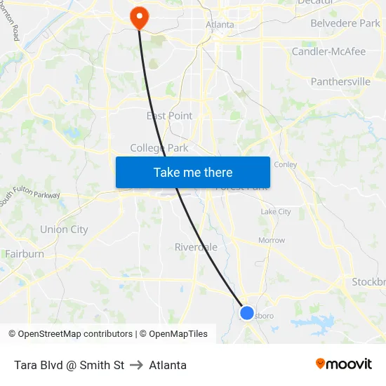 Tara Blvd @ Smith St to Atlanta map