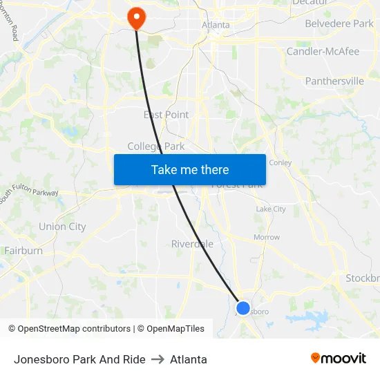 Jonesboro Park And Ride to Atlanta map