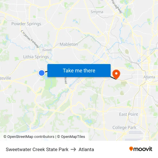 Sweetwater Creek State Park to Atlanta map