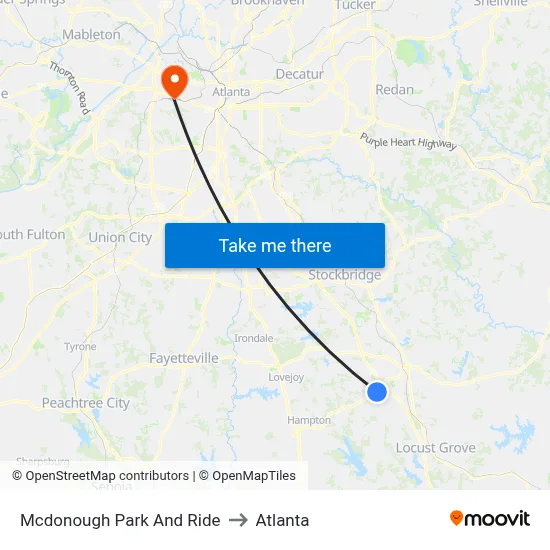 Mcdonough Park And Ride to Atlanta map