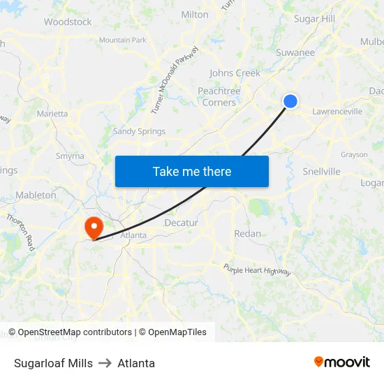 Sugarloaf Mills to Atlanta map