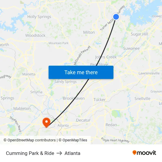 Cumming Park & Ride to Atlanta map