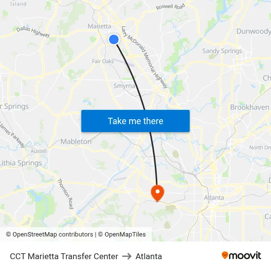 CCT Marietta Transfer Center to Atlanta map