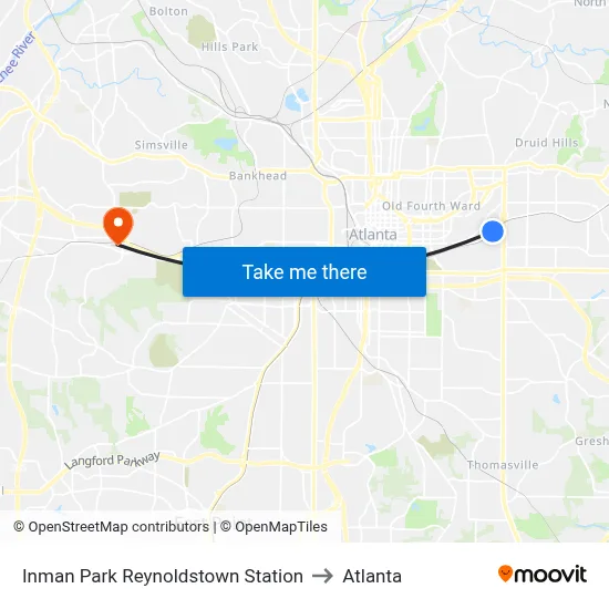 Inman Park Reynoldstown Station to Atlanta map