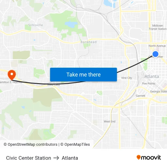Civic Center Station to Atlanta map
