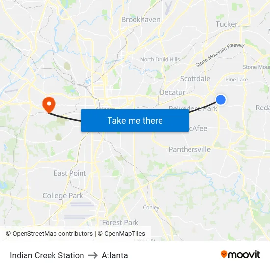 Indian Creek Station to Atlanta map