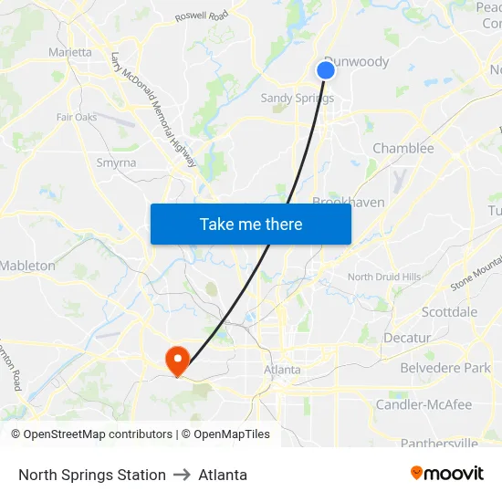 North Springs Station to Atlanta map