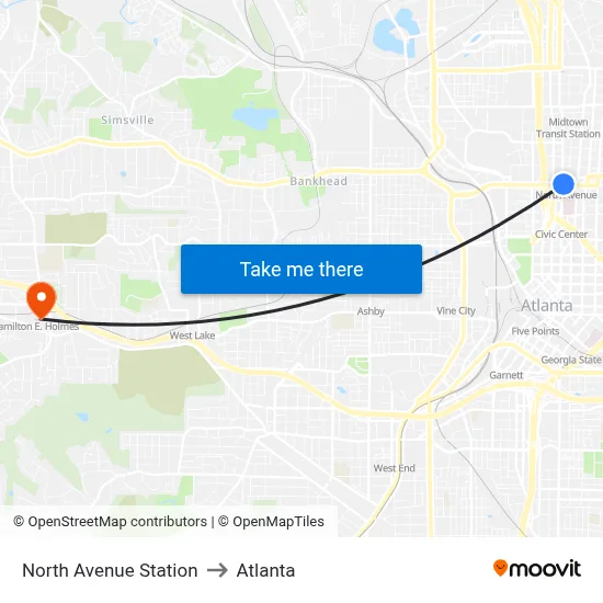 North Avenue Station to Atlanta map