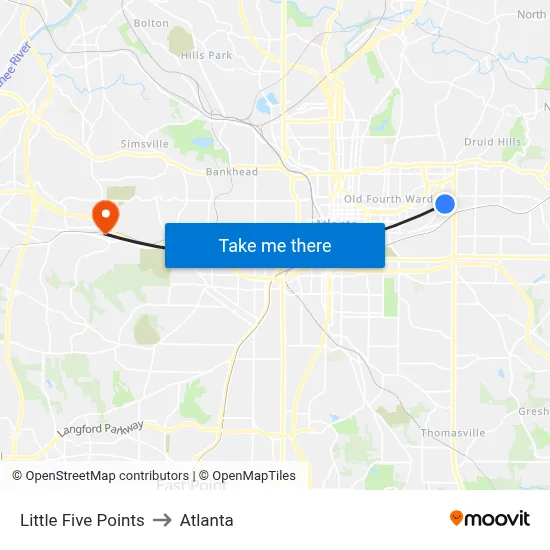 Little Five Points to Atlanta map