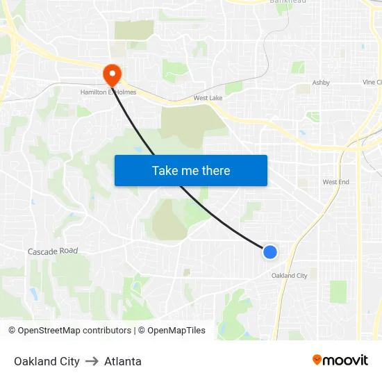 Oakland City to Atlanta map