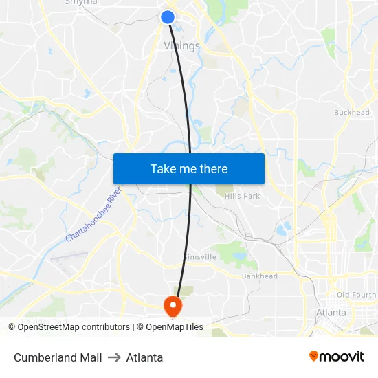 Cumberland Mall to Atlanta map