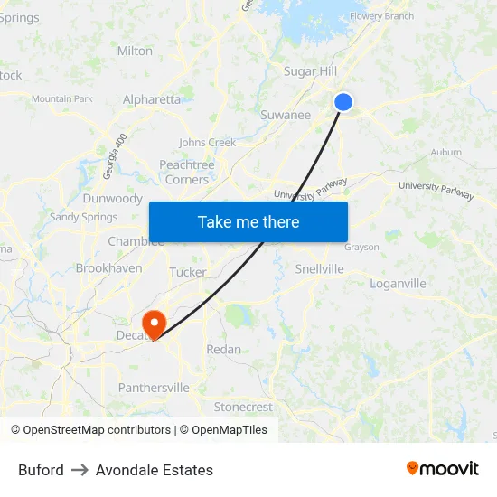 Buford to Avondale Estates map