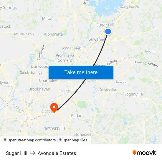 Sugar Hill to Avondale Estates map