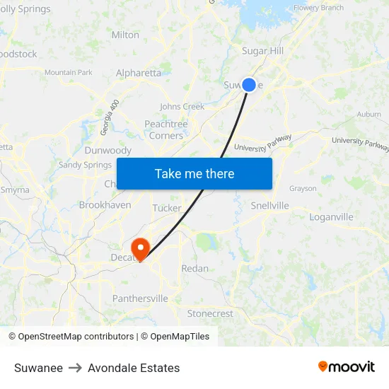 Suwanee to Avondale Estates map
