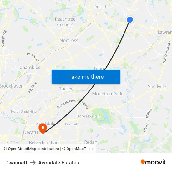 Gwinnett to Avondale Estates map