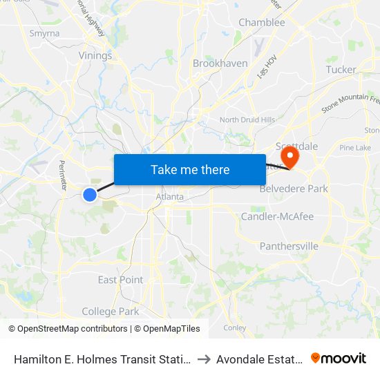 Hamilton E. Holmes Transit Station to Avondale Estates map