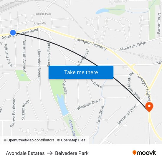 Avondale Estates to Belvedere Park map