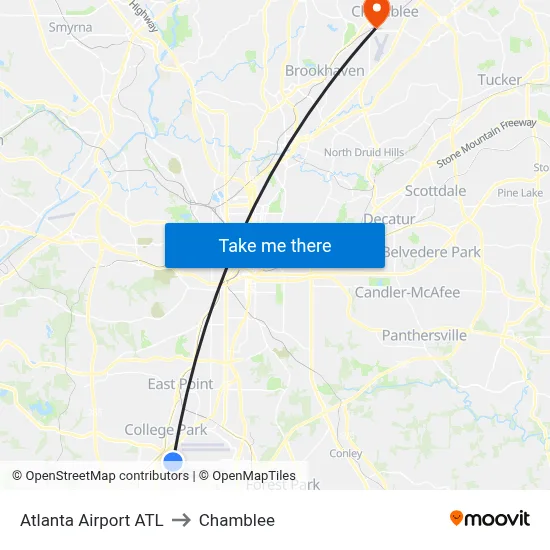 Atlanta Airport ATL to Chamblee map