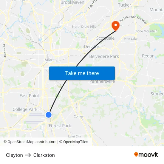 Clayton to Clarkston map