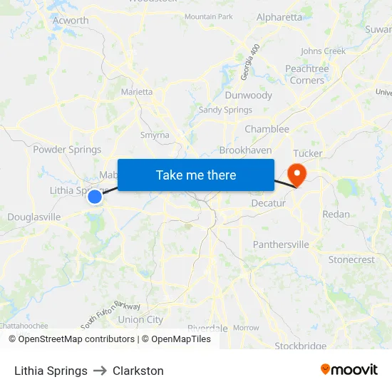 Lithia Springs to Clarkston map