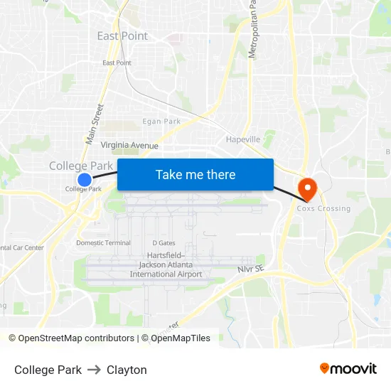 College Park to Clayton map