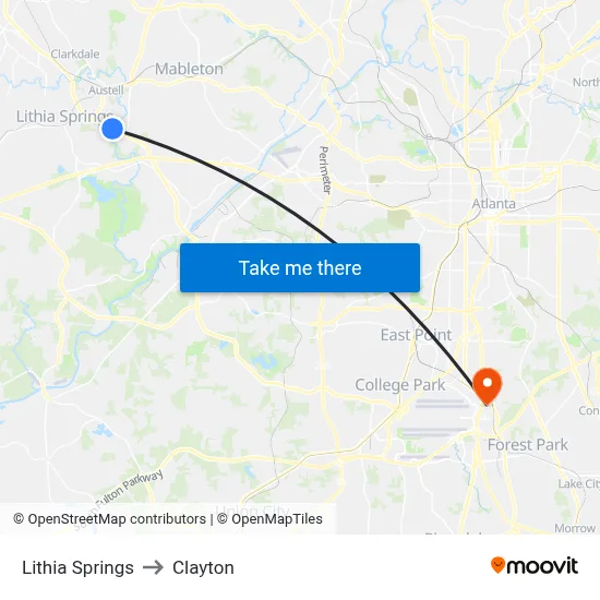 Lithia Springs to Clayton map