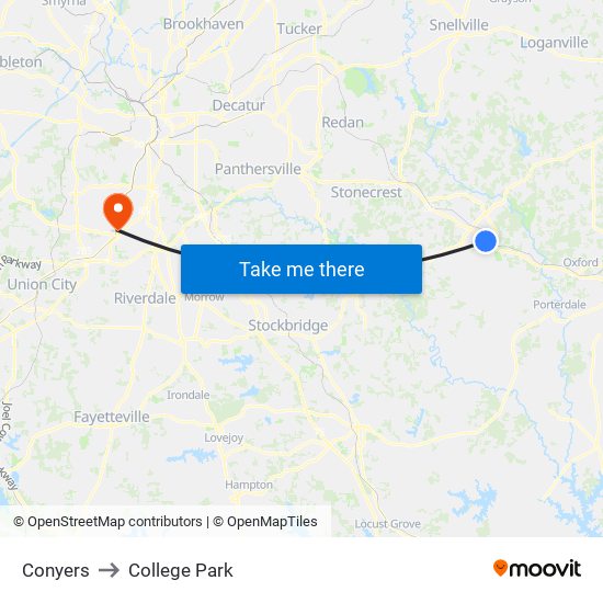 Conyers to College Park map