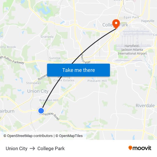 Union City to College Park map