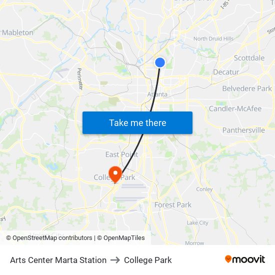 Arts Center Marta Station to College Park map