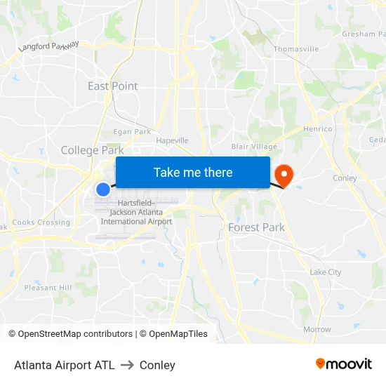Atlanta Airport ATL to Conley map