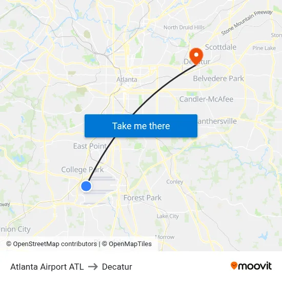 Atlanta Airport ATL to Decatur map