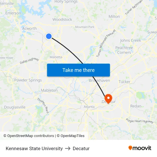 Kennesaw State University to Decatur map
