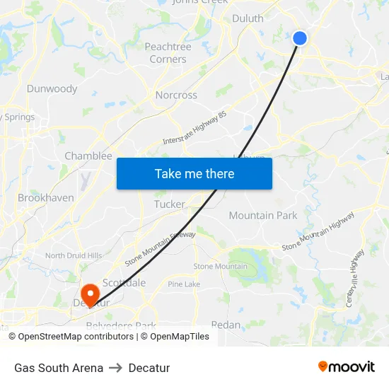Gas South Arena to Decatur map