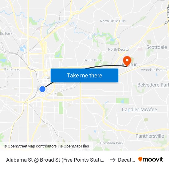 Alabama St @ Broad St (Five Points Station) to Decatur map