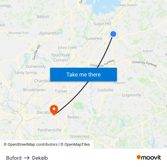 Buford to Dekalb map