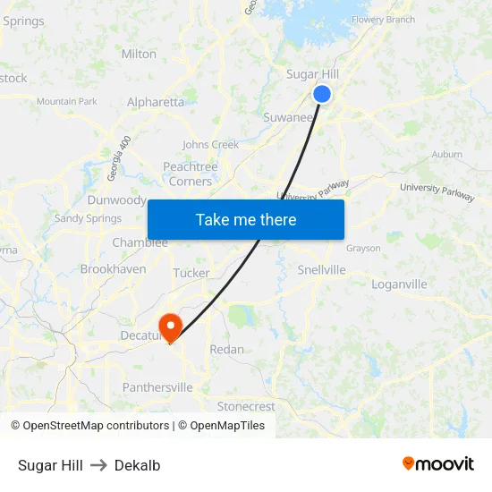 Sugar Hill to Dekalb map