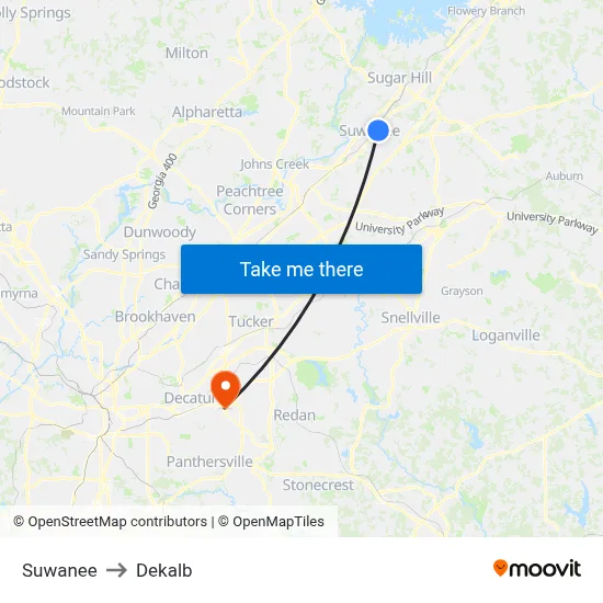 Suwanee to Dekalb map