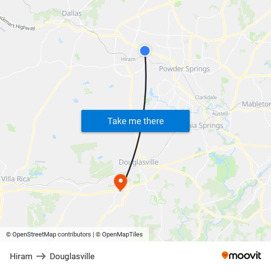 Hiram to Douglasville map