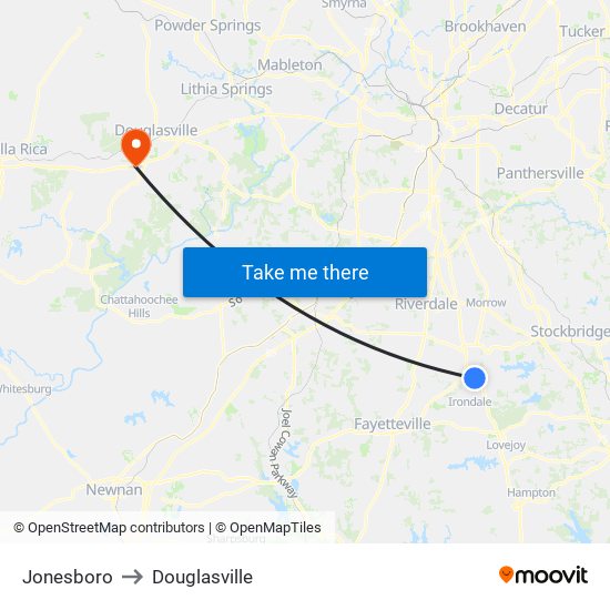 Jonesboro to Douglasville map