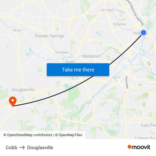 Cobb to Douglasville map