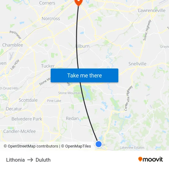 Lithonia to Duluth map