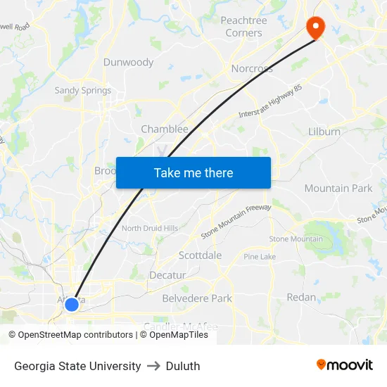 Georgia State University to Duluth map
