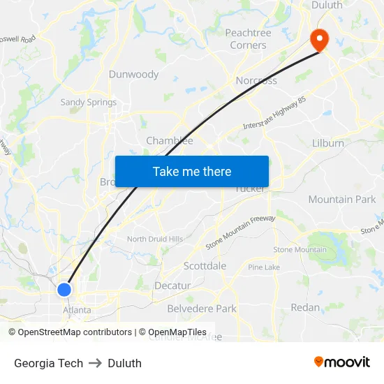 Georgia Tech to Duluth map