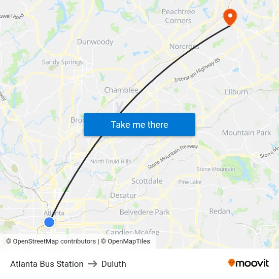 Atlanta Bus Station to Duluth map