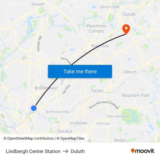 Lindbergh Center Station to Duluth map