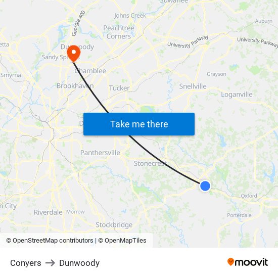 Conyers to Dunwoody map