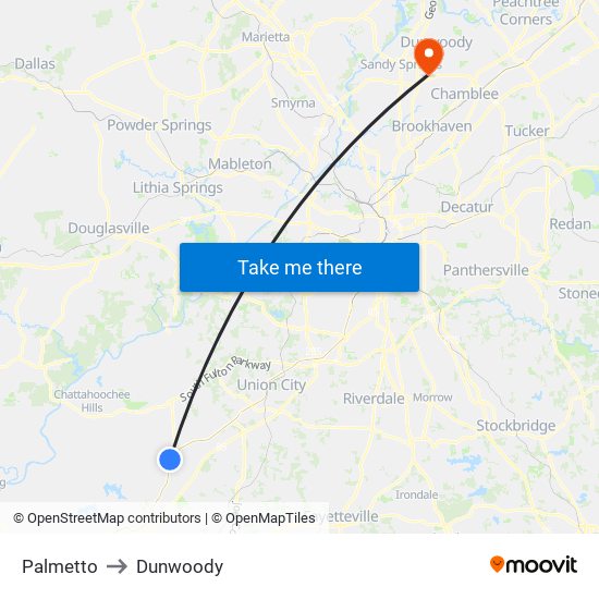 Palmetto to Dunwoody map