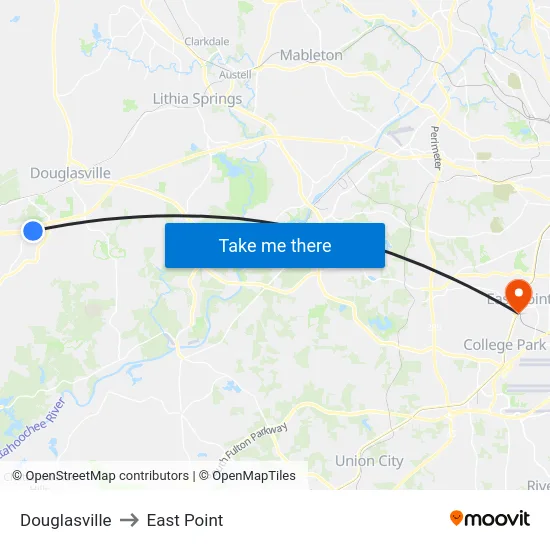 Douglasville to East Point map
